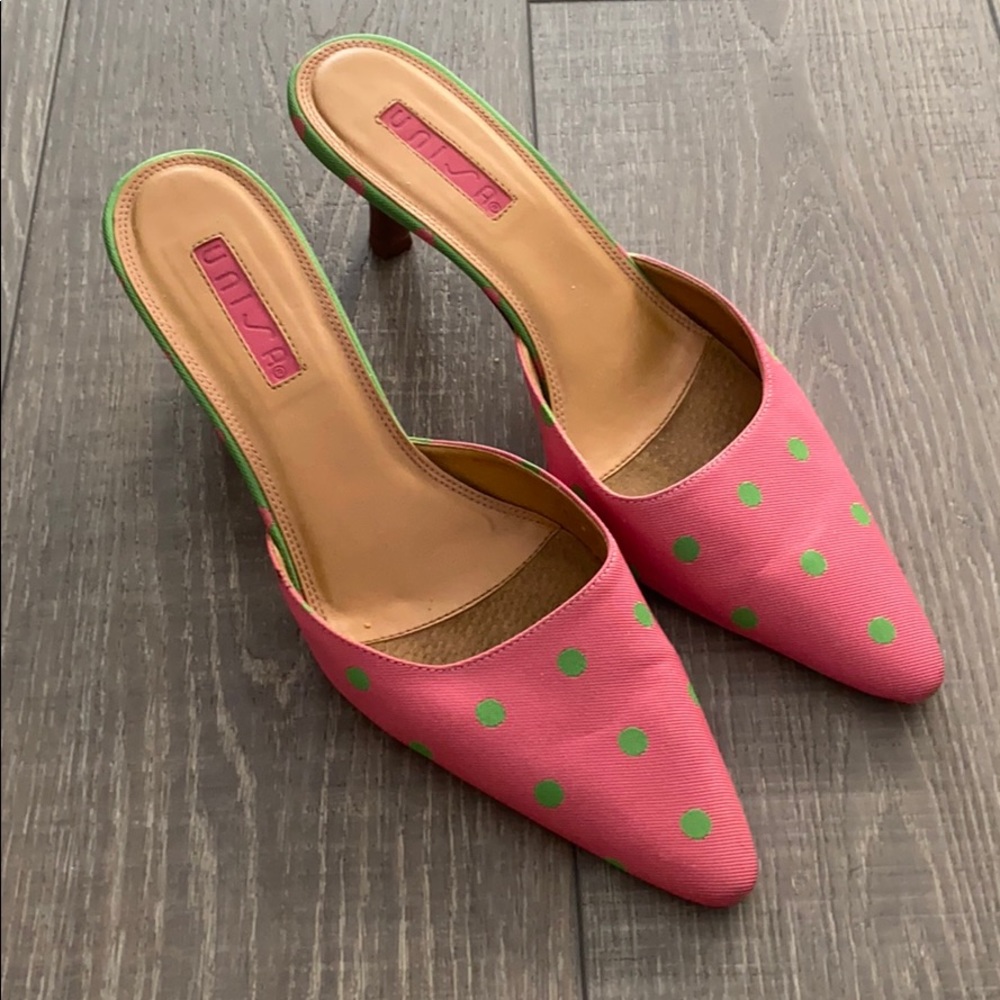 UNISA Pink and Green Polka Dot Heels